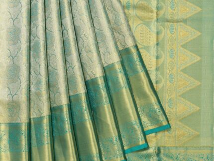 Gold Kanchipuram Silk Saree with Floral Design and Sea Green Border