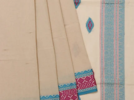 Plain Beige Bengal Cotton Saree with Sea Blue Border
