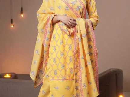 Yellow Floral Printed Cotton Dupatta