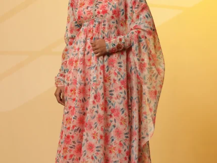 Multi-coloured Floral Printed Organza Dupatta