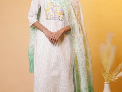 White Cotton Dupatta with Green Stripes and Floral Print
