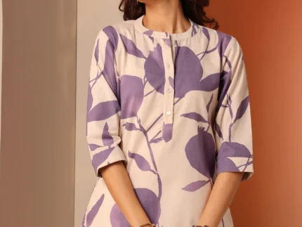 Off White Printed Cotton Straight Short Kurti