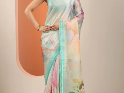 Multi Printed Organza Saree With Unstitched Blouse Piece