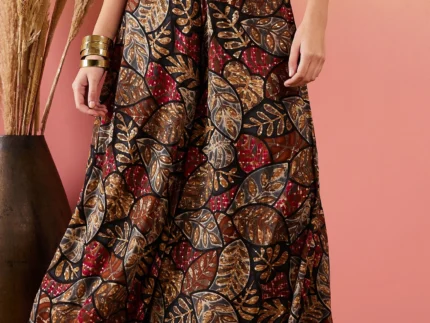 Rayon Black Grey Leaf Print Foil Palazzo