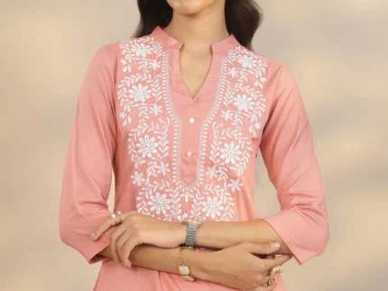 Peach Yoke Design Rayon Straight Short Kurti