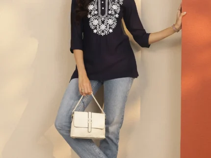 Navy Blue Yoke Design Rayon Straight Short Kurti