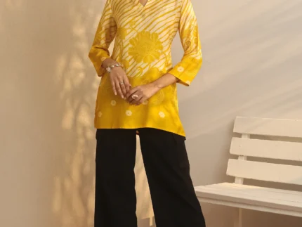 Mustard Printed Muslin Straight Short Kurti