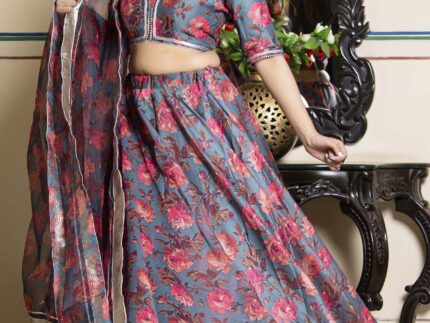 Grey Chanderi Floral Printed Flared Lehenga Set