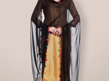 Black Chiffon Dupatta with Multicolored Pompom Balls