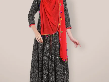 Red Chiffon Dupatta with Multicolored Pompom Balls