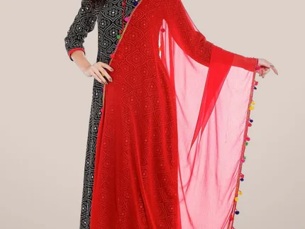 Chiffon Dupatta with Multicolored Pompom Balls