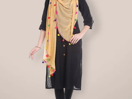 Beige Chiffon Dupatta with Multicolored Pompom Balls