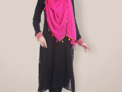 Rani Pink Chiffon Dupatta with Multicolored Pompom Balls