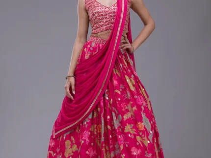 Rani Pink Sequins Georgette Readymade Lehenga
