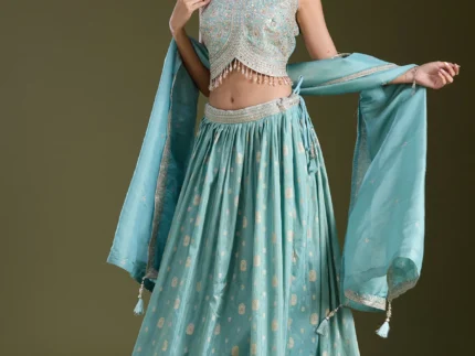 Sky Blue Sequins Banarasi Readymade Lehenga