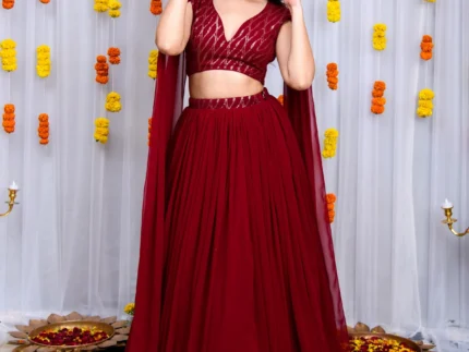 Maroon Cape Sleeves Lehenga Set