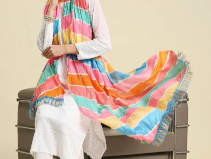 Pastel Multicolored Striped Printed Art Silk Crushed Dupatta