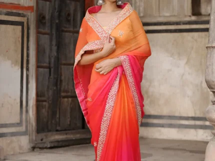 Orange Multiheaded Beauty Pageant Chiffon Saree