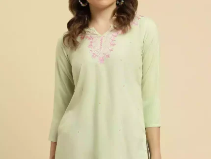 Pista Green Pashmina Work Short Kurti