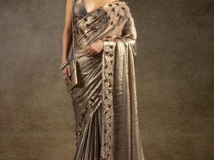 Grey Satin Silk Hand Embroidered Sequins With Applique And Stone Work Saree Wedding Wear
