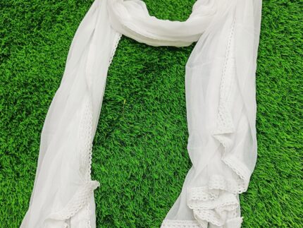 Plain White Chiffon Dupatta With Crochet lace Border