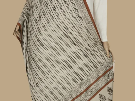 Striped Pattern on Cream Block Printed Mul Cotton Dupatta