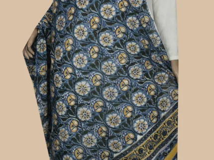 Deep Blue with Florals Block Printed Mul Cotton Dupatta