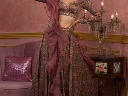 Lavender Printed Semi Crepe Readymade Lehenga