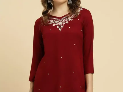 Maroon Kashmiri Silk Work Short Kurti
