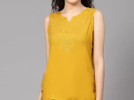Mustard Self Embroidered Sleeveless Short Kurti