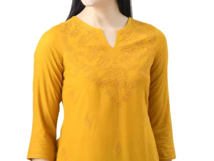 Mustard Self Chikankari Short Kurti