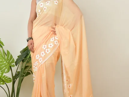 Peach Cotton Hand Painted Saree After Six Wear