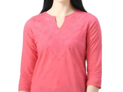Pink Self Chikankari Short Kurti