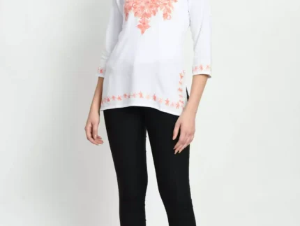 White Kashmiri Embroidered Short Kurti