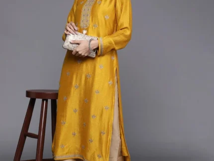 Yellow Embellished Silk Kurta